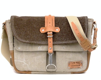 Handmade Upcycled Swiss Army Blanket Messenger Bag: Leather Accents 2032