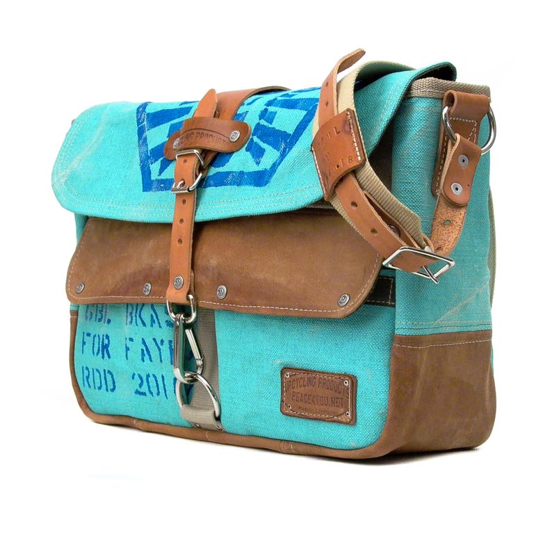 Painted Canvas Bag Crossbody Messenger Turquoise Varnished Bag Distressed Look Recycled Canvas Post Bag Upcycled Messenger by peace4you 2182 image 8