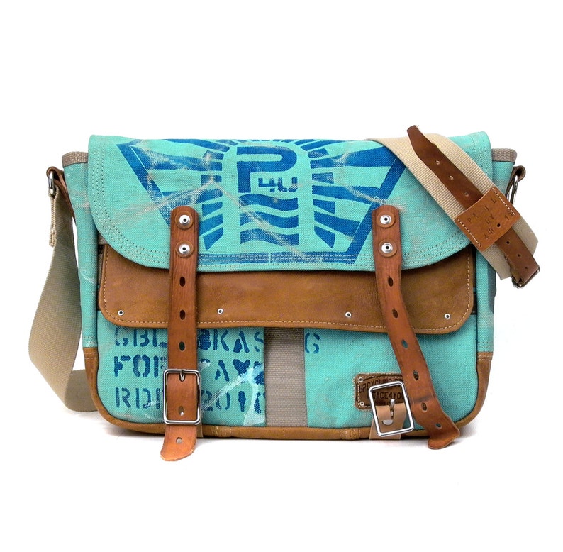 Painted Canvas Bag Crossbody Messenger Turquoise Varnished Bag Distressed Look Recycled Canvas Post Bag Upcycled Messenger by peace4you 2182 zdjęcie 3