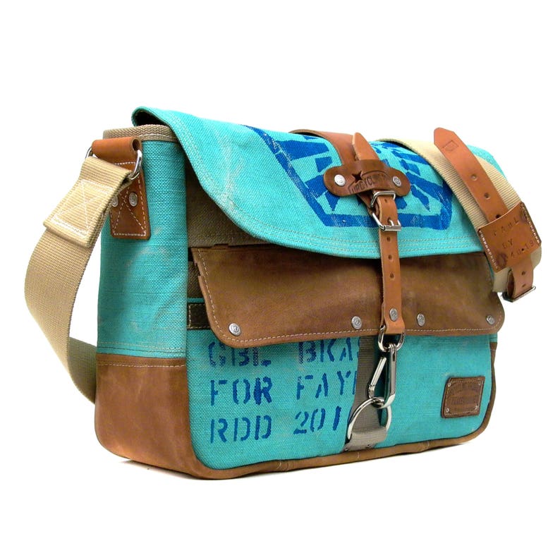 Painted Canvas Bag Crossbody Messenger Turquoise Varnished Bag Distressed Look Recycled Canvas Post Bag Upcycled Messenger by peace4you 2182 zdjęcie 7