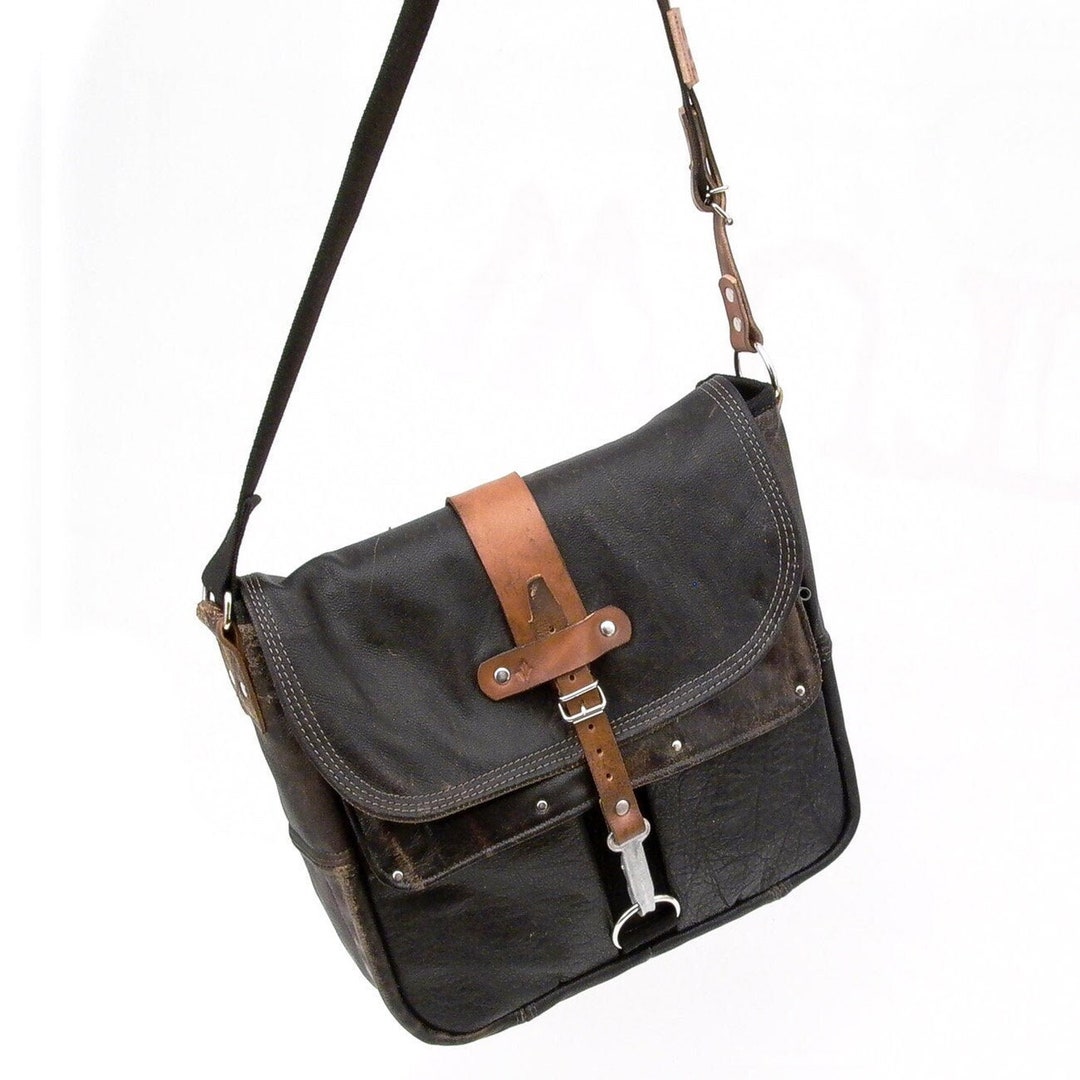 Black Leather Messenger Crossbody Bag Recycled Leather Unisex Bag ...