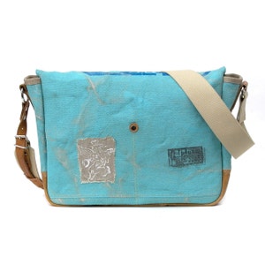 Painted Canvas Bag Crossbody Messenger Turquoise Varnished Bag Distressed Look Recycled Canvas Post Bag Upcycled Messenger by peace4you 2182 image 5