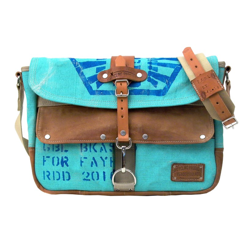 Painted Canvas Bag Crossbody Messenger Turquoise Varnished Bag Distressed Look Recycled Canvas Post Bag Upcycled Messenger by peace4you 2182 image 4