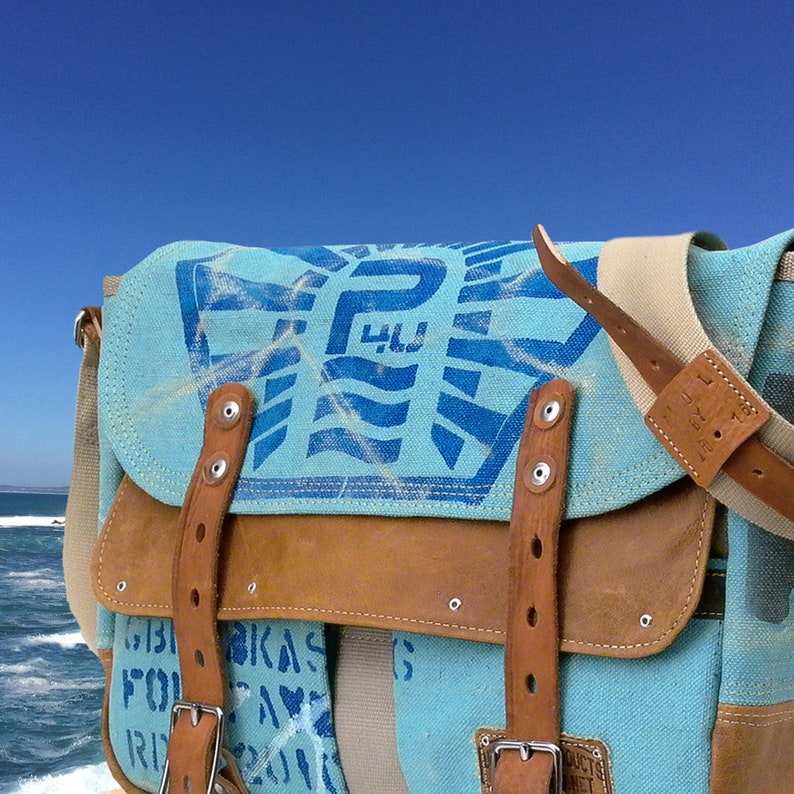 Painted Canvas Bag Crossbody Messenger Turquoise Varnished Bag Distressed Look Recycled Canvas Post Bag Upcycled Messenger by peace4you 2182 zdjęcie 2