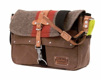 Upcycled Canvas Messenger Bag: Swiss Army Blanket, Leather Accents 2174
