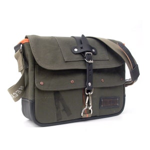 Olive Canvas Messenger Crossbody Bag Recycled German Army Kitbag Leather Jacket  / Upcycled / Handmade in Europe / 2056