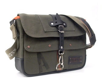 Olive Canvas Messenger Crossbody Bag Recycled German Army Kitbag Leather Jacket  / Upcycled / Handmade in Europe / 2056