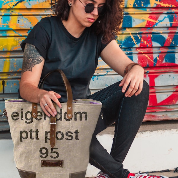 Handmade Upcycled Canvas Tote Bag: Beige Dutch Postbag Handbag