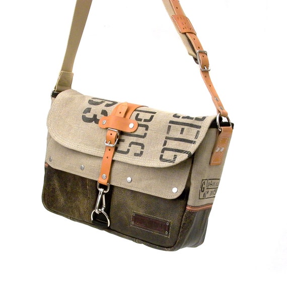 Handmade Recycled Canvas Messenger Bag: Upcycled Leather Laptop Crossbody 2023