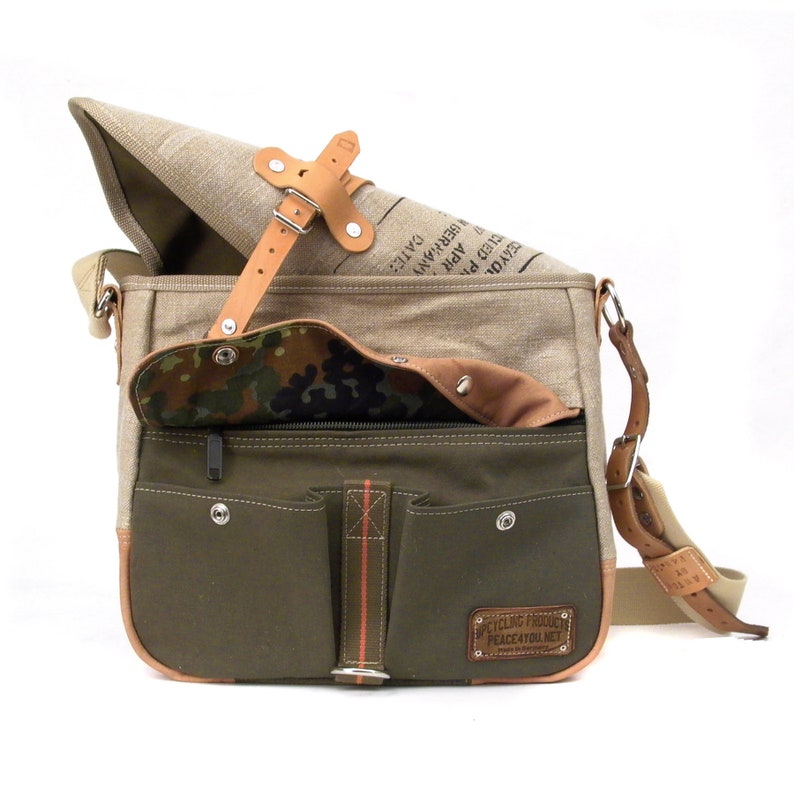 Upcycled Canvas Leather Duffel Bag Messenger,Recycled Cross Body Bag, Recycled Military Surplus Material,Unisex peace4you 2215 zdjęcie 6