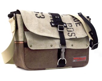 Beige Messenger Bag Upcycled,All VEGAN Bag,Crossbody Bag,Cross Body Messenger,Recycled Belgian Military Post Bag-2023VG