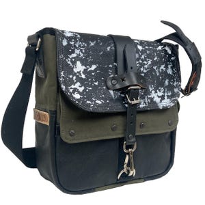 Stencil Printed Leather Messenger Bag from Recycled Leather Jacket in Distressed Look Crossbody Unisex Laptop / Upcycled  in Europe / 2102
