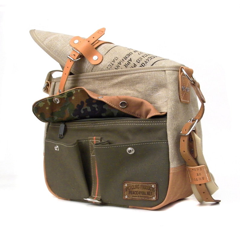 Upcycled Canvas Leather Duffel Bag Messenger,Recycled Cross Body Bag, Recycled Military Surplus Material,Unisex peace4you 2215 zdjęcie 3