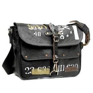 Black Messenger Bag in Distressed Look,Crossbody Bag,Recycled Leather Bag,Printed Material, IN-HOUSE-PRODUCTION peace4you Bags 2132