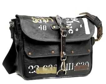 Black Messenger Bag in Distressed Look,Crossbody Bag,Recycled Leather Bag,Printed Material, IN-HOUSE-PRODUCTION peace4you Bags 2132