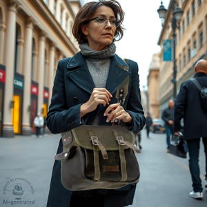 Olive Canvas Leather Messenger Bag,Crossbody Messenger,Recycled Military Seabag,Recycled Leather / Upcycled / Handmade in Europe / 2082