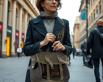 Olive Canvas Leather Messenger Bag, Upcycled Military Seabag Crossbody