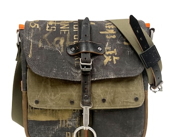 Upcycled Canvas Messenger Bag: Distressed Military Postbag, Recycled Leather