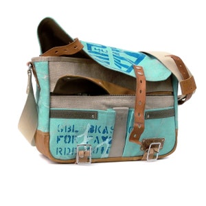 Painted Canvas Bag Crossbody Messenger Turquoise Varnished Bag Distressed Look Recycled Canvas Post Bag Upcycled Messenger by peace4you 2182 zdjęcie 6