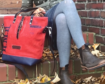 Red Canvas Crossbody Tote Bag: Upcycled Military Duffel & Leather 2127