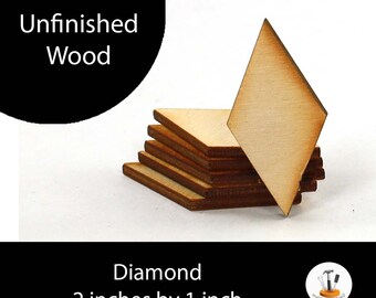 Unfinished Wood Diamond - 2 inches by 1 inch and 1/8 inch thick wooden shape (DIMD02)