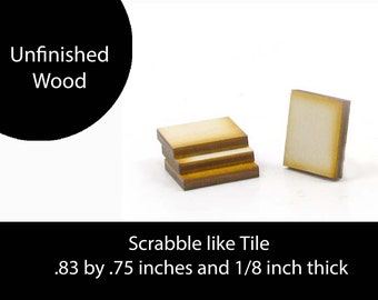 Unfinished Wood Scrabble Tile Size - .75 inches tall by .83 inches wide and 1/8 inch thick wooden shape (RTSQ03)