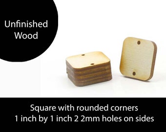 Unfinished Wood Square - 1 by 1 inches with 2 2mm holes at sides and 1/8 inch thick wooden shape (LC-SQRH07)