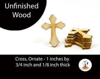 Unfinished Wood Cross Ornate - 1 inches tall by 3/4 inches wide and 1/8 inch thick wooden shapes