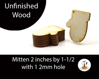 Pack of 6 - Unfinished Wood Mitten - 2 inches by 1-1/2 inches with 1 2mm hole and 1/8 inch thick wooden shape (MITT02)