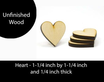 Unfinished Wood Heart - 1-1/4 inches by 1-1/4 inches and 1/4 inch thick wooden shape (HRT68B)