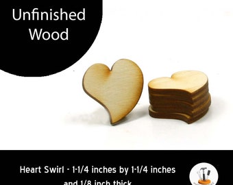 Unfinished Wood Heart Swirl without cutout - 1-1/4 inches tall by 1-1/4 inches wide and 1/8 inch thick wooden shape