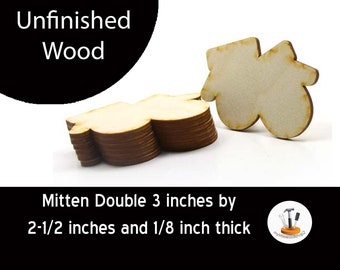 Pack of 6 - Unfinished Wood Double Mitten - 3 inches by 2-1/2 inches and 1/8 inch thick wooden shape (MITT01)