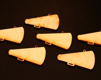 Unfinished Wood Megaphone - 2 inches wide by 1-1/4 inches tall and 1/8 with loop wooden shape (MEGA01)