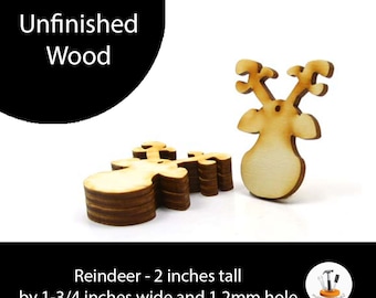 Pack of 6 - Unfinished Wooden Reindeer - 2 inches by 1-3/4 inches with 1 2mm hole