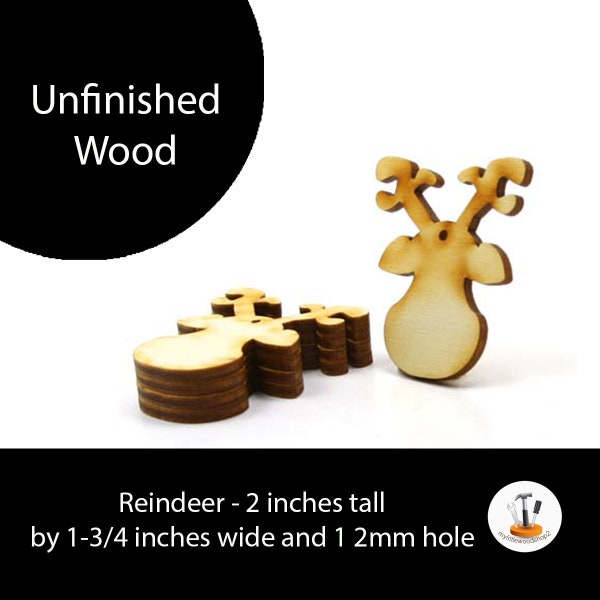 Pack of 6 - Unfinished Wooden Reindeer - 2 inches by 1-3/4 inches with 1 2mm hole