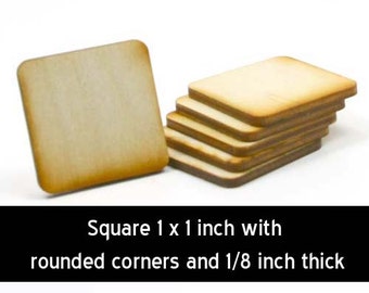 Unfinished Wood Square - 1 inch by 1 inch by 1/8 inch thick with rounded corners wooden shape (SQRD03)