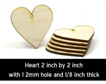 Unfinished Wood Heart - 2 inches tall by 2 inches wide and 1/8 inch thick with 1 2mm hole wooden shape (HART71)