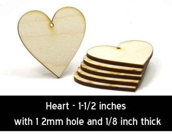 Unfinished Wood Heart - 1-1/2 inches tall by 1-1/2 inches wide and 1/8 inch thick with 1 2mm hole wooden shapes (HART64)
