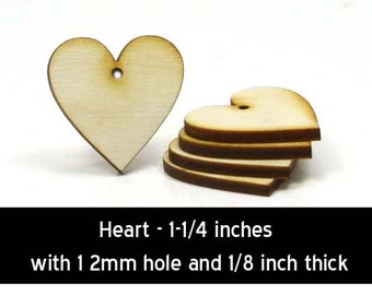 Unfinished Wood Heart - 1-1/4 inches wide by 1-1/4 inches tall and 1/8 inch thick with 1 2mm hole wooden shapes (HART67)