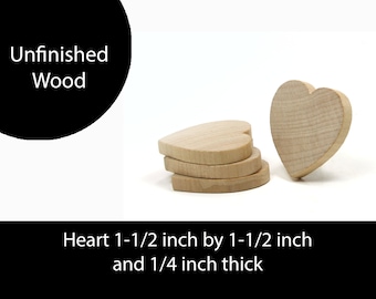 Unfinished Wood Heart - 1-1/2 inches tall by 1-1/2 inches wide and 1/4 inch thick wooden shape (WW-WH1525)