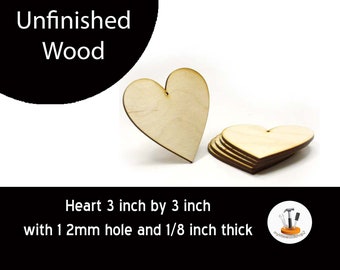 Unfinished Wood Heart - 3 inches tall by 3 inches wide and 1/8 inch thick with 1 2mm hole wooden shape