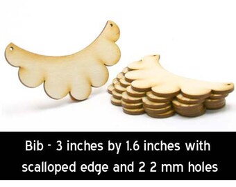 Unfinished Wood Bib Scalloped Circle - 3 inches by 1.6 inches with 2 2mm holes and 1/8 inch thick wooden shape (BIB08)