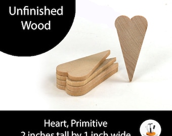 Unfinished Wood Heart Primitive - 2 inches tall by 1 inch wide and 1/8 inch thick wooden shape (WW-JC4112)