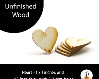 Unfinished Wood Heart - 1 inch by  1 inch and 1/8 inch thick with 2 2mm holes wooden shapes