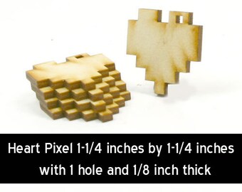 Unfinished Wood Heart Pixel - 1-1/4 inches tall by 1-1/4 wide and 1/8 thick with 1/8 inch hole wooden shape (HART12)