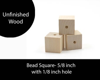 Unfinished Wood Bead Square - 5/8 inch with 1/8 hole wooden shapes (WW-BE3040)