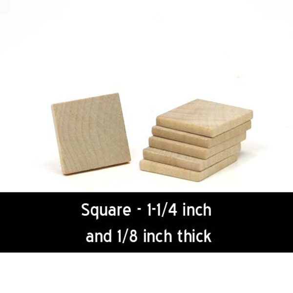 Unfinished Wood Square - 1-1/4 inches by 1-1/4 inches and 1/8 inch thick wooden shapes