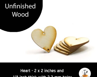Unfinished Wood Heart - 2 inches by 2 inches and 1/8 inch thick with 2 2mm holes