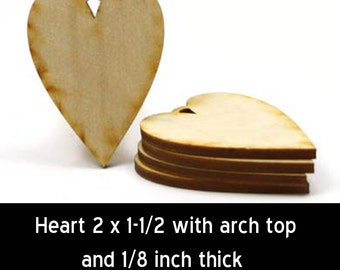 Heart - 2 inches by 1-1/2 inches and 1/8 inch thick with arch loop unfinished wood (HART03)