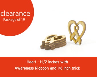 Clearance:  Package of 19 - Unfinished Wood Awareness Heart Ribbon - 1-1/2 inch by 1-1/2 inch and 1/8 inch thick wooden shapes